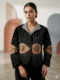 Women's Suzani embroidered Velvet Jacket in black geometric
