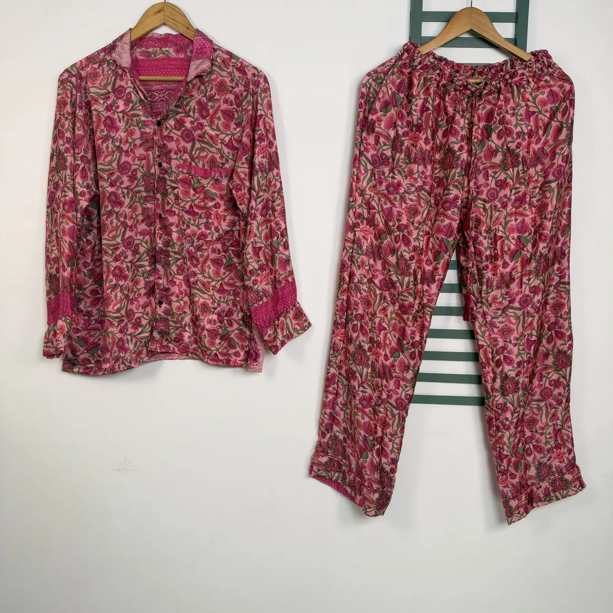 Handmade Recycled Sari Pajama Set, Boho Women's Clothing, Silk Blend Loungewear, Button Down Top, Drawstring Pants, Gift for Her