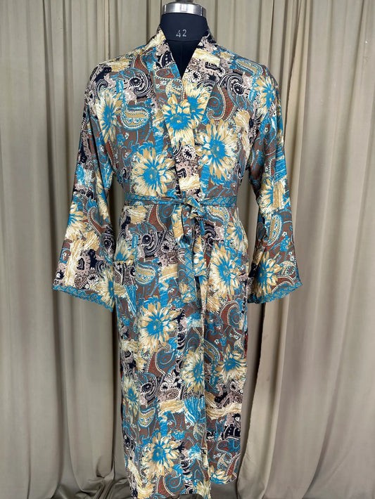 Silky Soft Men’s Kimono Robe | Masculine Elegant Classic Sustainable Vintage House Robe gift, Timeless Comfy Lounge Beach Wear Brown Floral