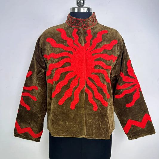 Boho Velvet Suzani Jacket Hand Embroidered | Open Front Coat Winter Wear Free Size Robe | Retro Chic smoking jacket — Blazer Gift for Her