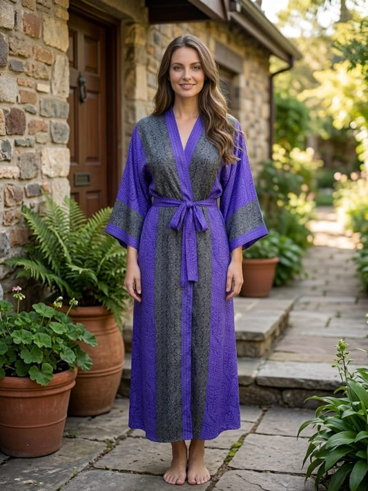 Upcycle Boho Silk Long Women kimono, Boho Chic Robe House Beach Cover Up Vintage Bridesmaid Lounge Dressing Gown Resort Wear Gypsy Nightwear