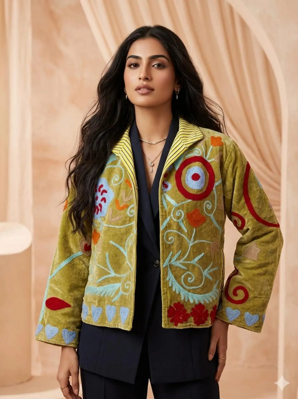Women's Suzani embroidered Velvet Jacket in green floral
