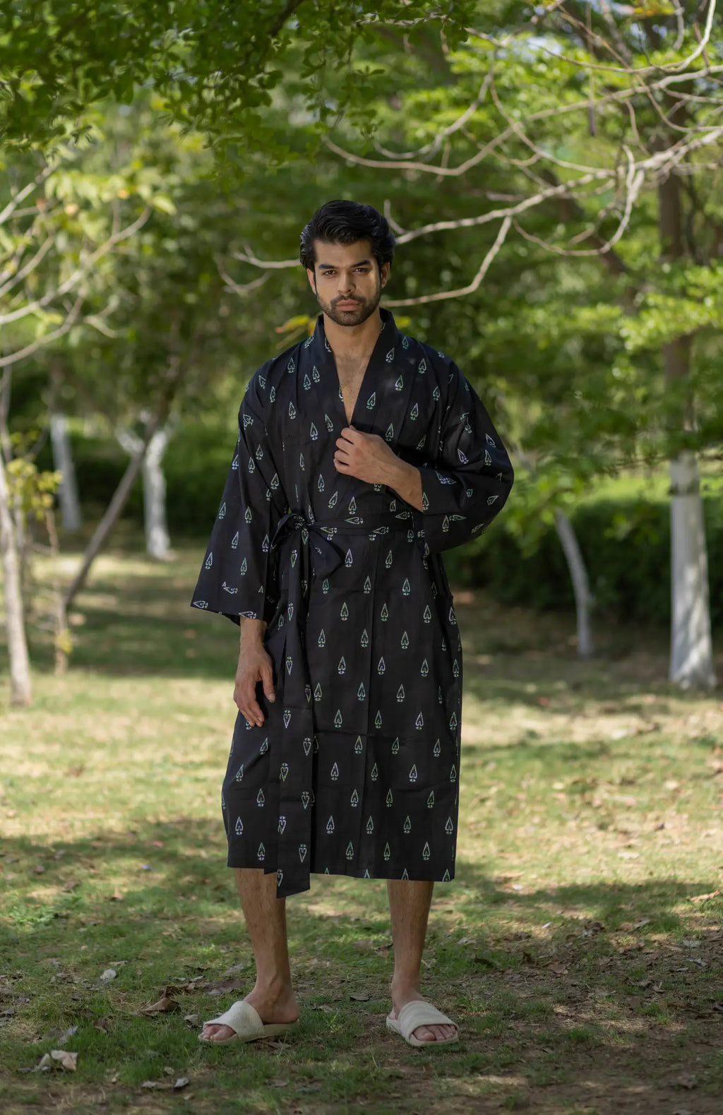 Unisex Cotton Kimono Robe in geometric