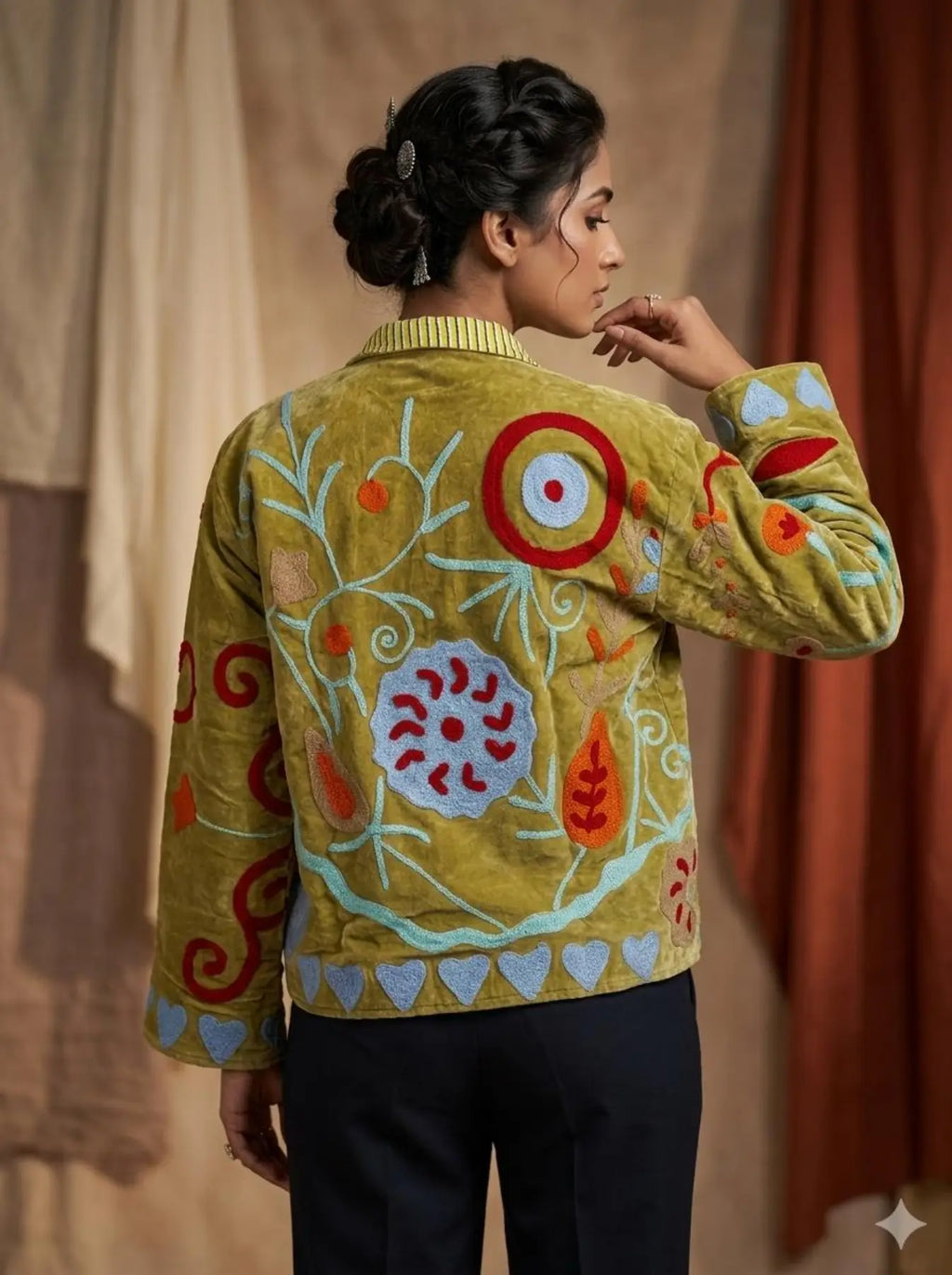 Women's Suzani embroidered Velvet Jacket in green floral