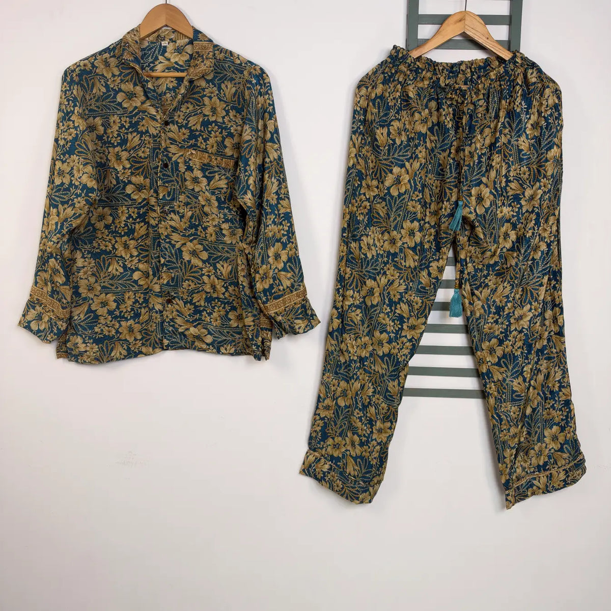 Handmade Recycled Sari Pajama Set, Boho Women's Clothing, Silk Blend Loungewear, Button Down Top, Drawstring Pants, Gift for Her