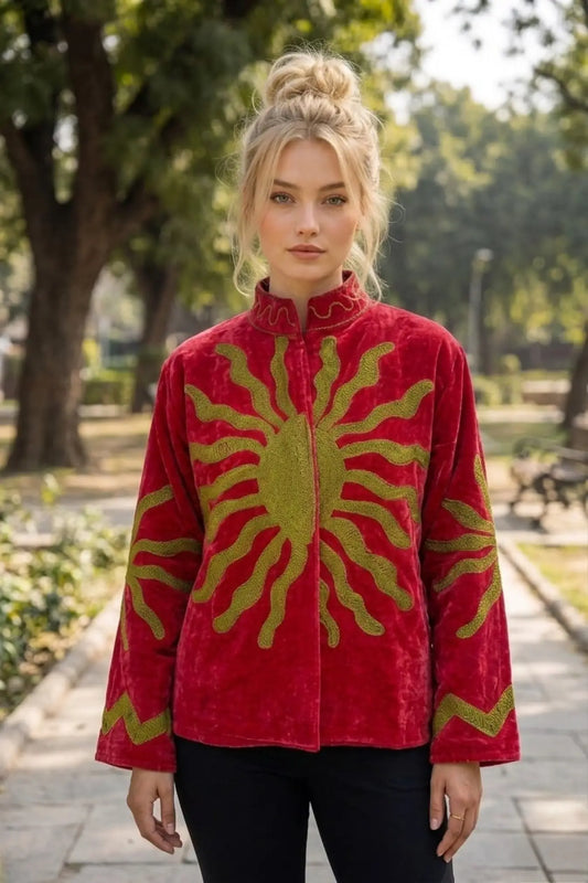 Boho Velvet Suzani Jacket Hand Embroidered | Open Front Coat Winter Wear Free Size Robe | Retro Chic smoking jacket — Blazer Gift for Her