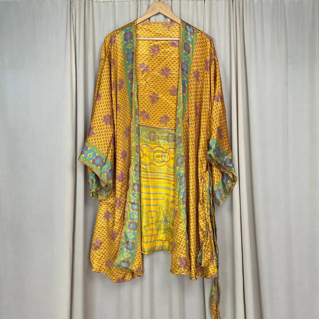 Vintage Silk Sari Boho Kimono | Luxury Loungewear House Robe Flowy Gown, Regal Floral Romance Duster Beach CoverUp, Bridesmaid Dressing Gown