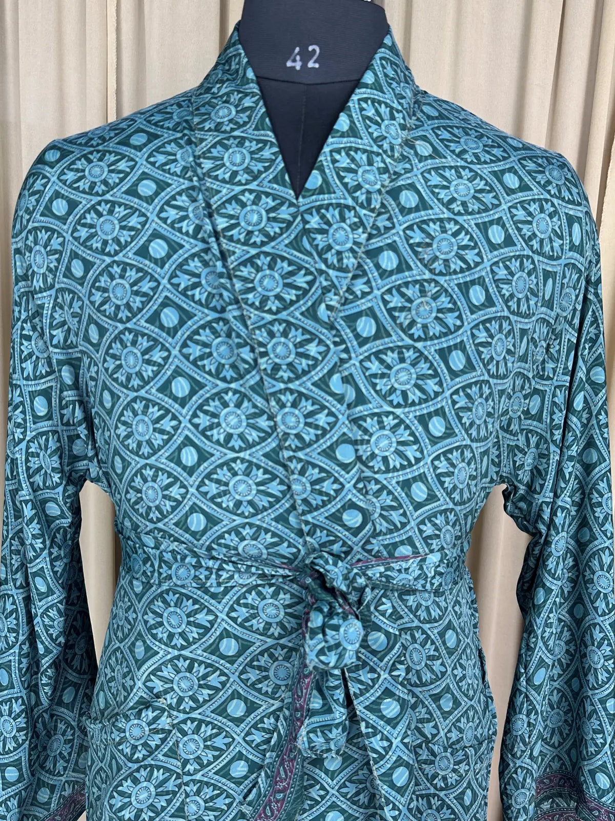Silky Soft Menâ€™s Kimono Robe Masculine Elegant Classic Sustainable Vintage House Robe gift, Timeless Comfy Lounge Beach Wear Green Geometric