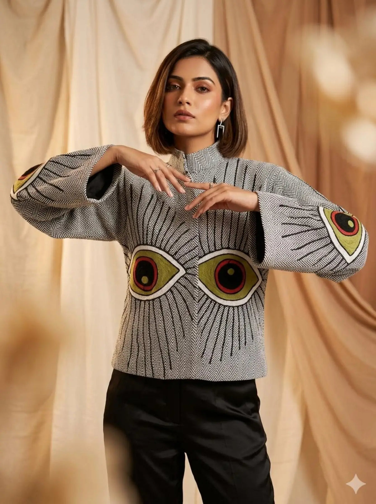 Boho Hand Embroidered Cotton Suzani Jacket | White Geometric Open Front Coat Winter Wear Free Size Retro Chic Free Size Robe Blazer for Her