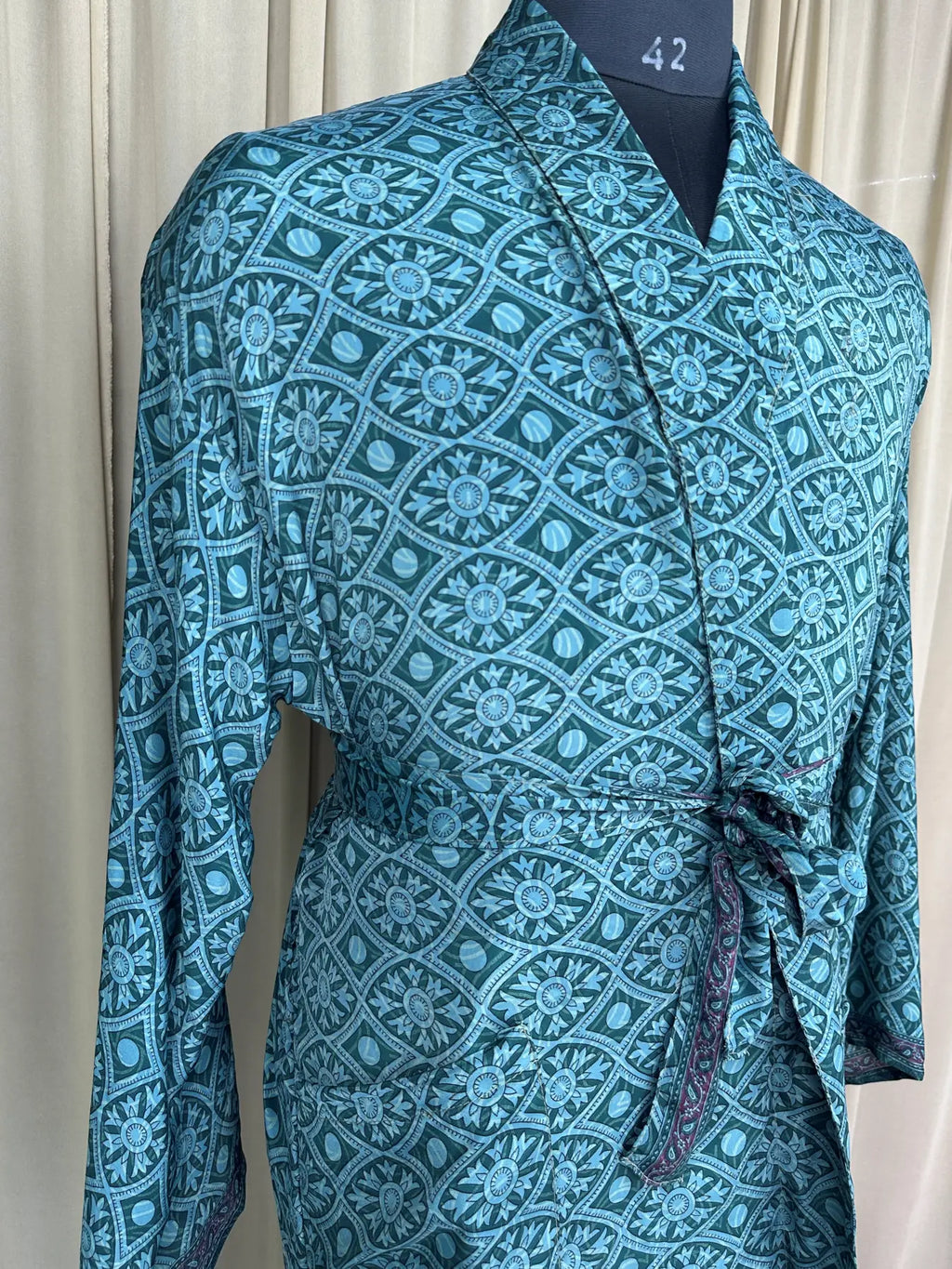Men's Silky Kimono Robe in green geometric