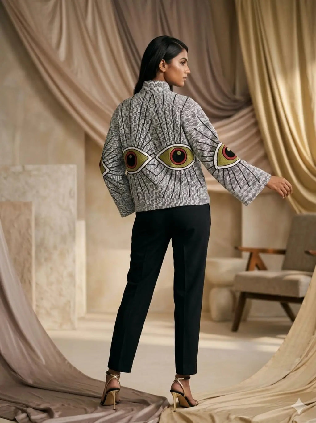 Women's Suzani embroidered Cotton Jacket in white geometric