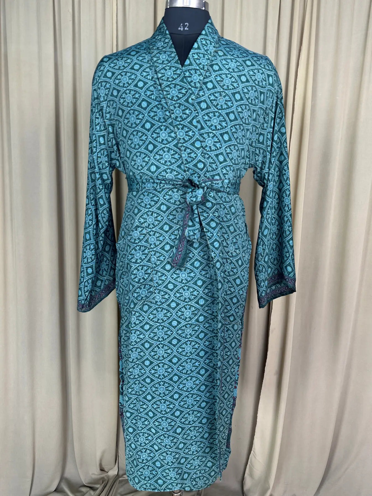 Silky Soft Menâ€™s Kimono Robe Masculine Elegant Classic Sustainable Vintage House Robe gift, Timeless Comfy Lounge Beach Wear Green Geometric