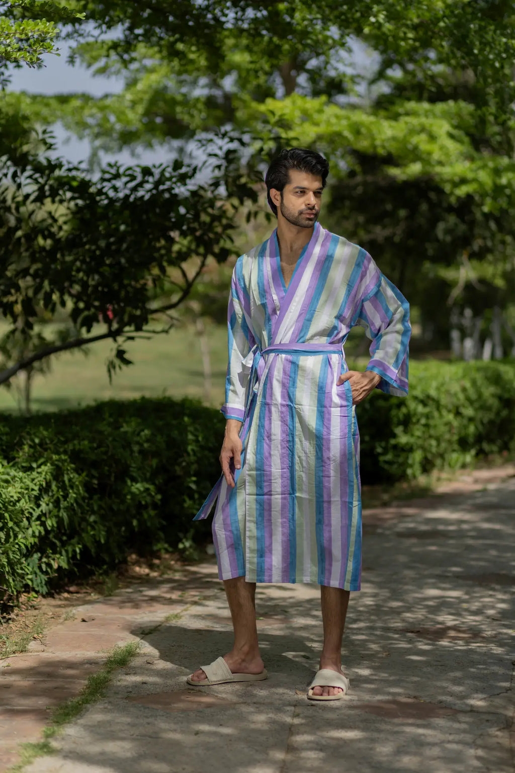 Unisex Cotton Kimono Robe in geometric