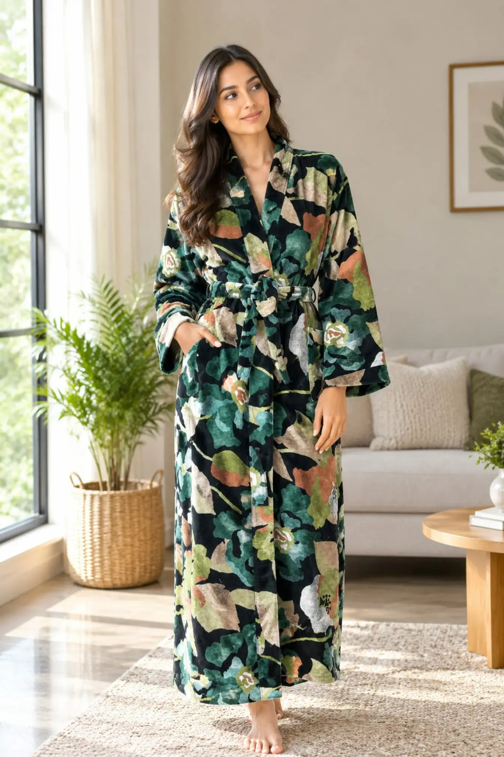 Luxury Velvet Kimono Unisex House Robe | Boho Jacket Autumn Winter Christmas Gift Elegant Reversible Silk Lined | Quirky Gown Black Floral