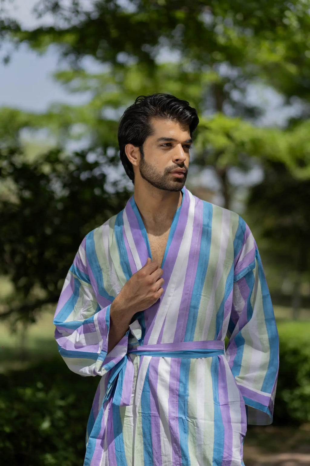 Unisex Cotton Kimono Robe in geometric