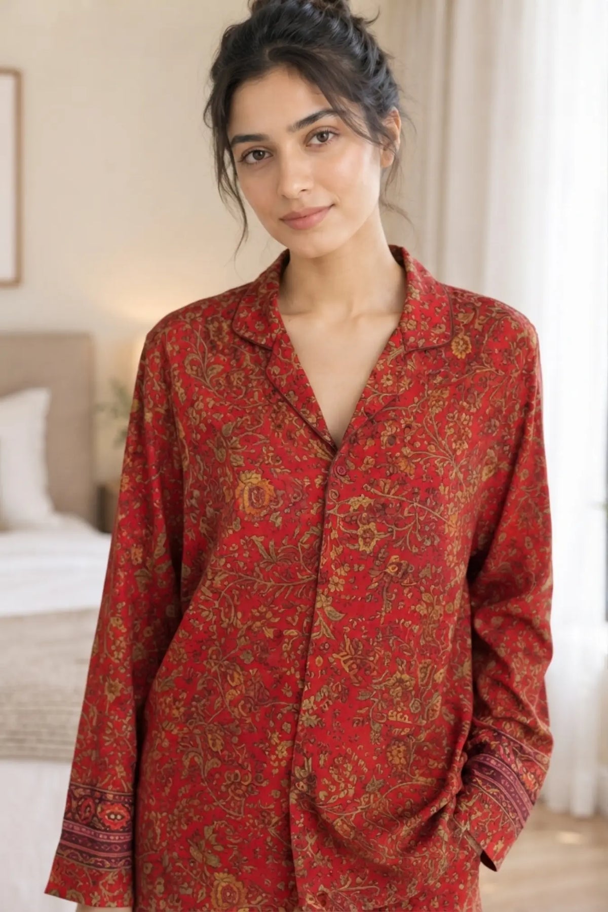 Recycled Silk Sari Pajama Set, Soft Handmade Nightwear, Valentine Gift for Her, Button Down Top, Drawstring Pants, Luxury Lounge Gift