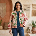 Boho Hand Embroidered Velvet Suzani Jacket, White Floral Open Front Coat Winter Wear Free Size Robe Retro Chic Free Size Robe Blazer for Her