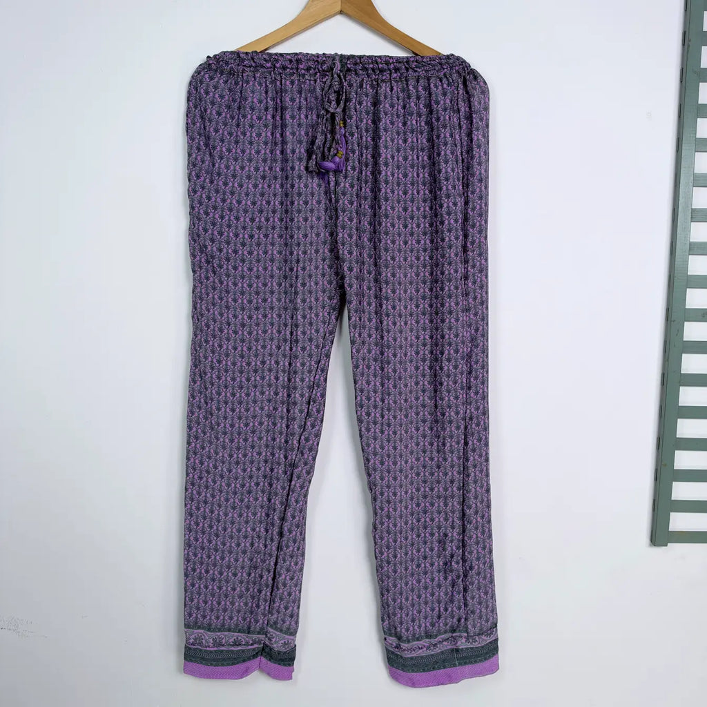 Women's Recycled Silk Sari Pajama Set, Handmade Family Pajamas, Colorful Sleepwear, Short Sleeve Top, Drawstring Pants, Holiday Gift for Mom