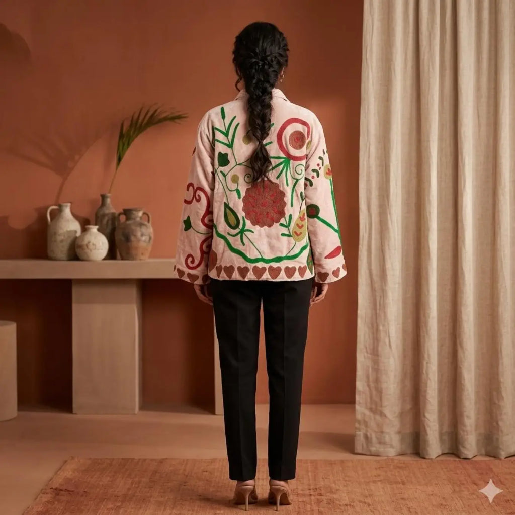 Boho Hand Embroidered Velvet Suzani Jacket, White Floral Open Front Coat Winter Wear Free Size Robe Retro Chic Free Size Robe Blazer for Her