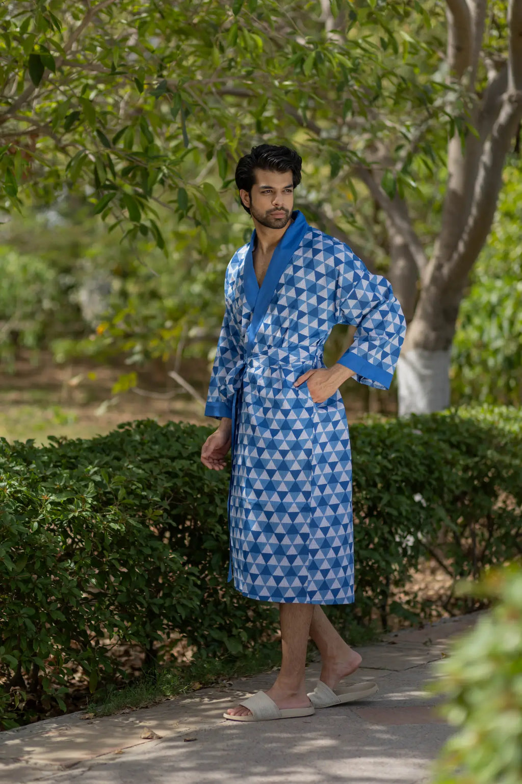 Unisex Cotton Kimono Robe in geometric