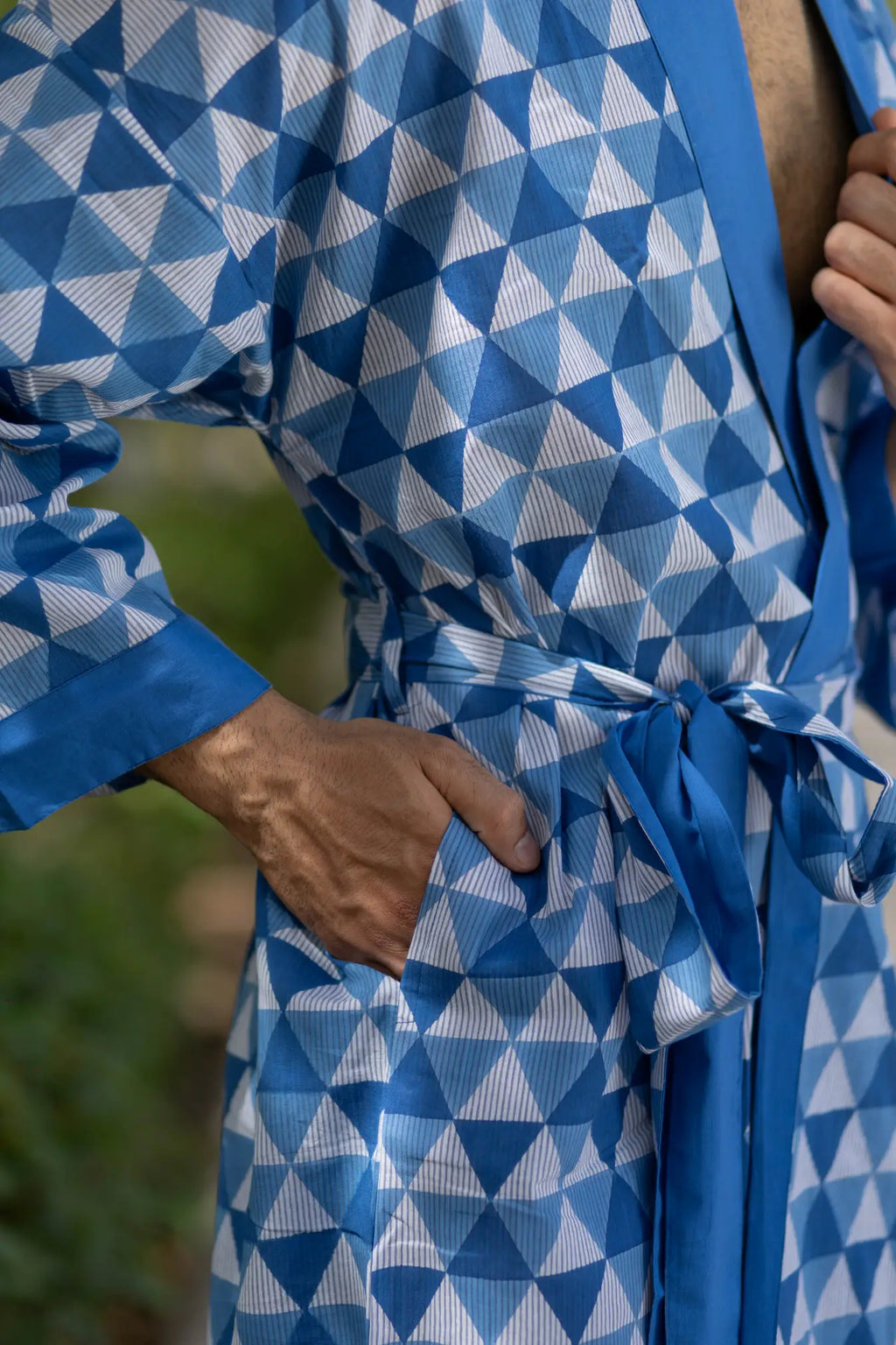Unisex Cotton Kimono Robe in geometric