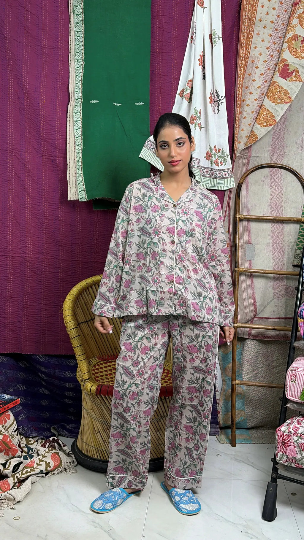 Women's Cotton Pajama Set in pink floral