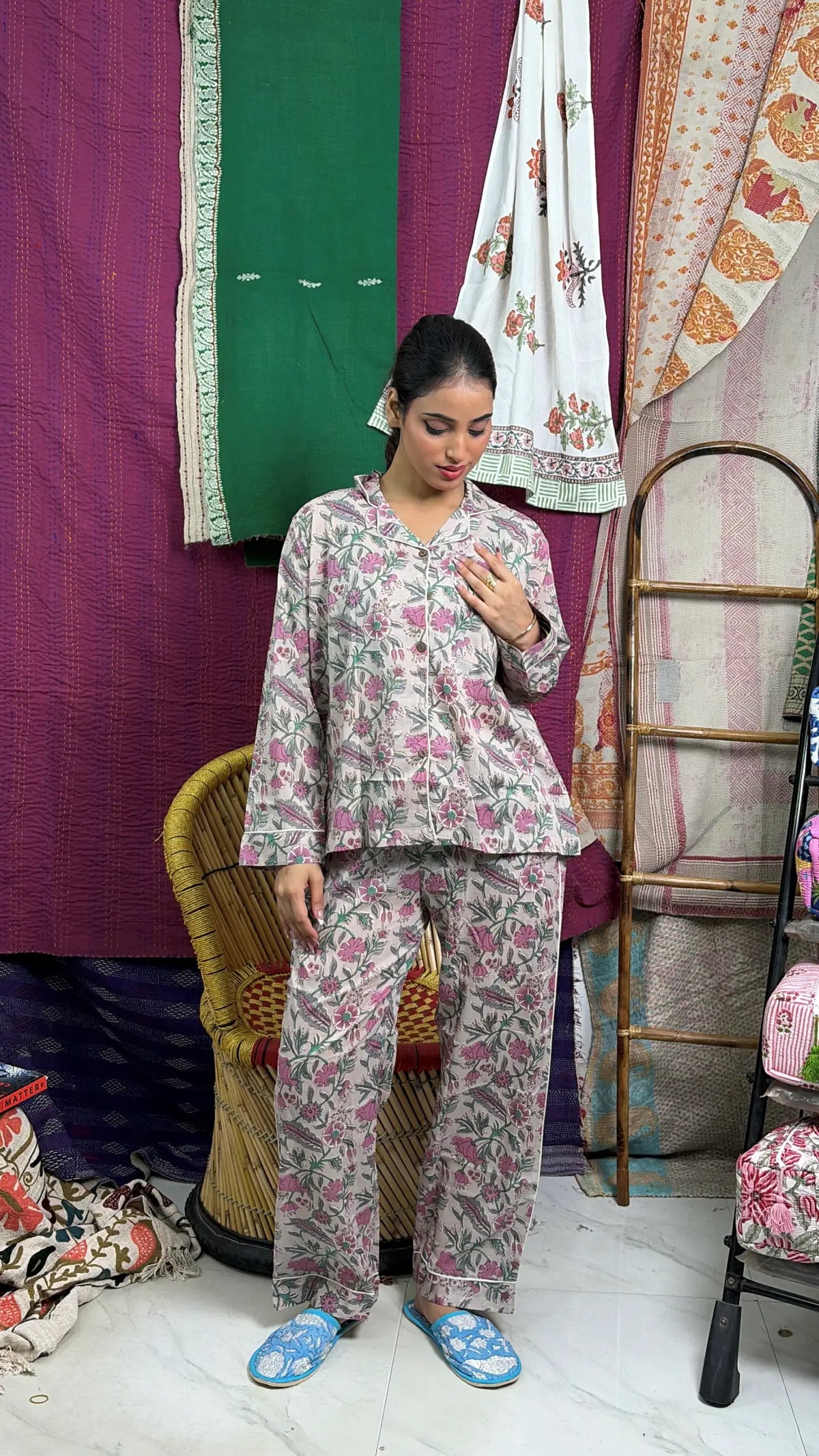 Cotton Women Pajama Set Comfortable Nightwear Summer PJ Set Nude Pink Floral Print