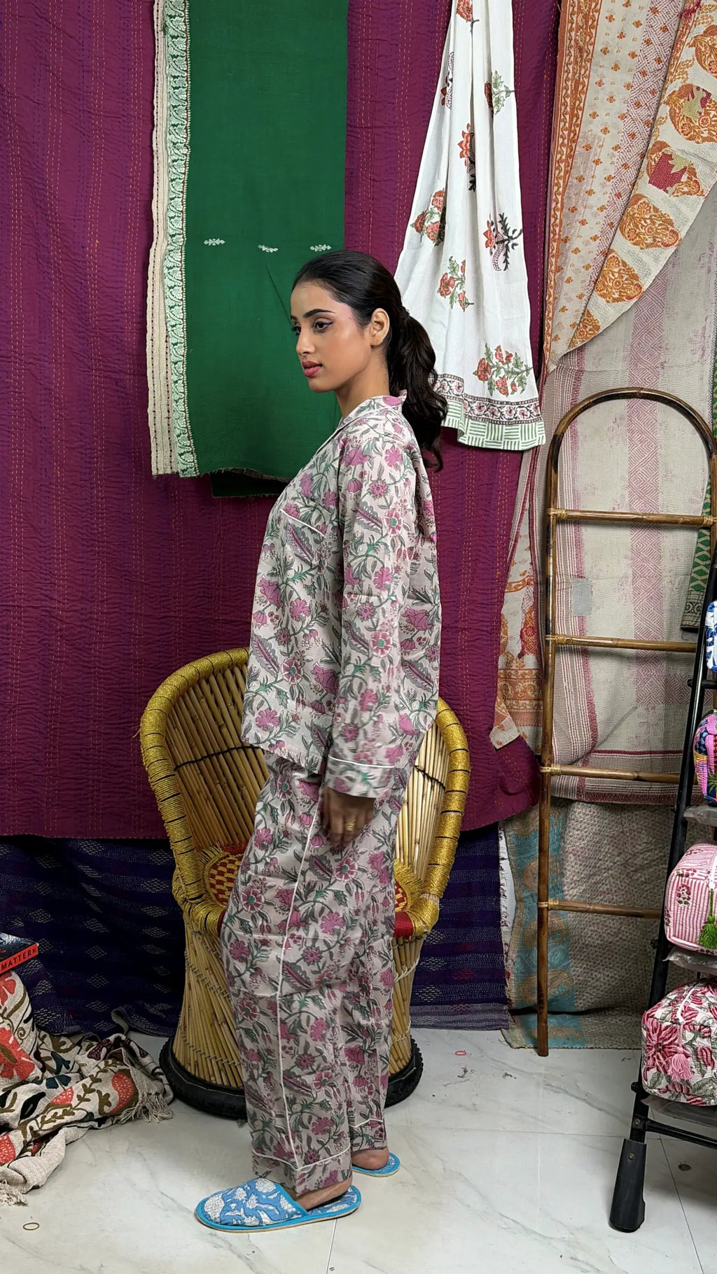 Women's Cotton Pajama Set in pink floral