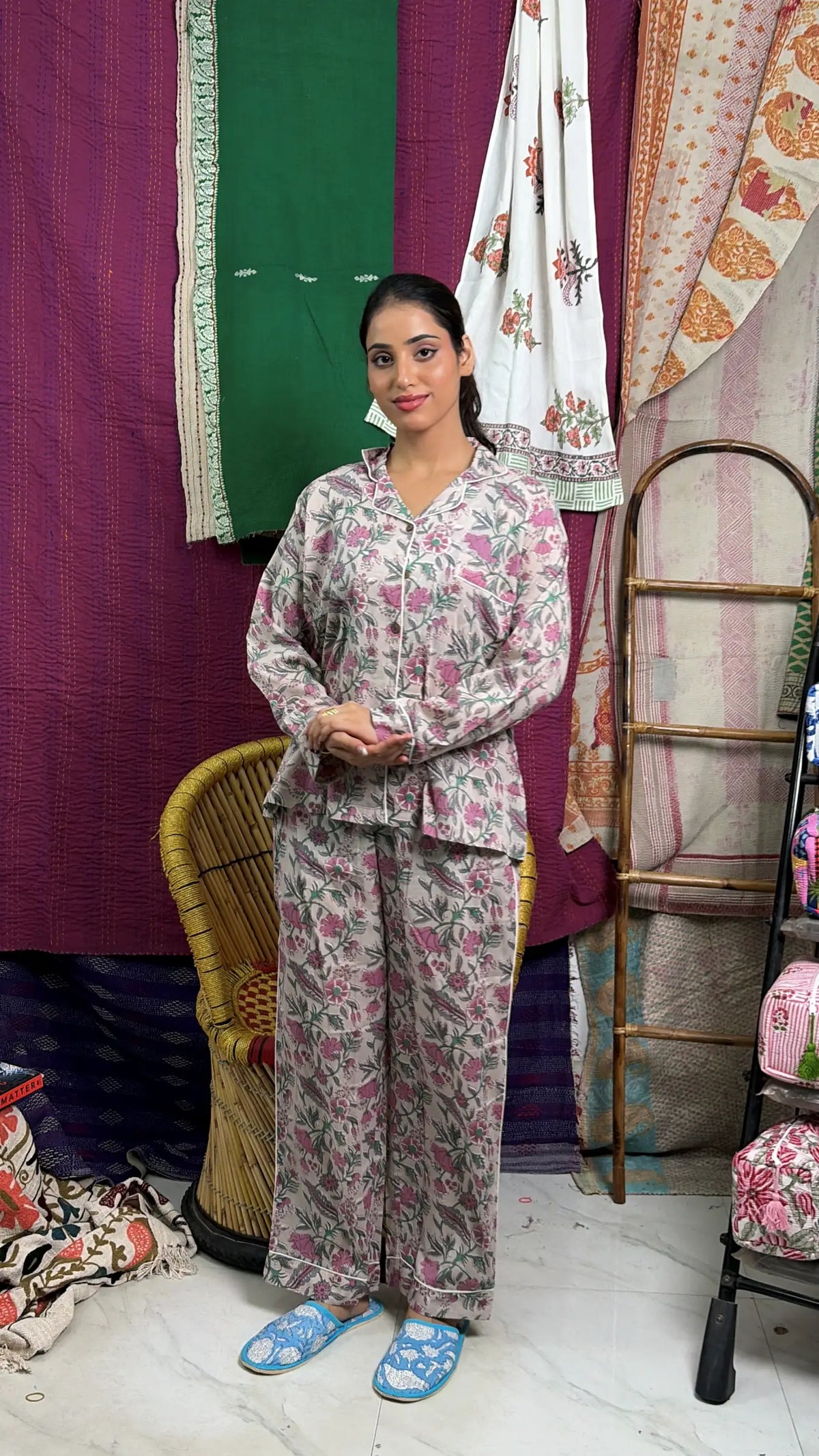 Women's Cotton Pajama Set in pink floral