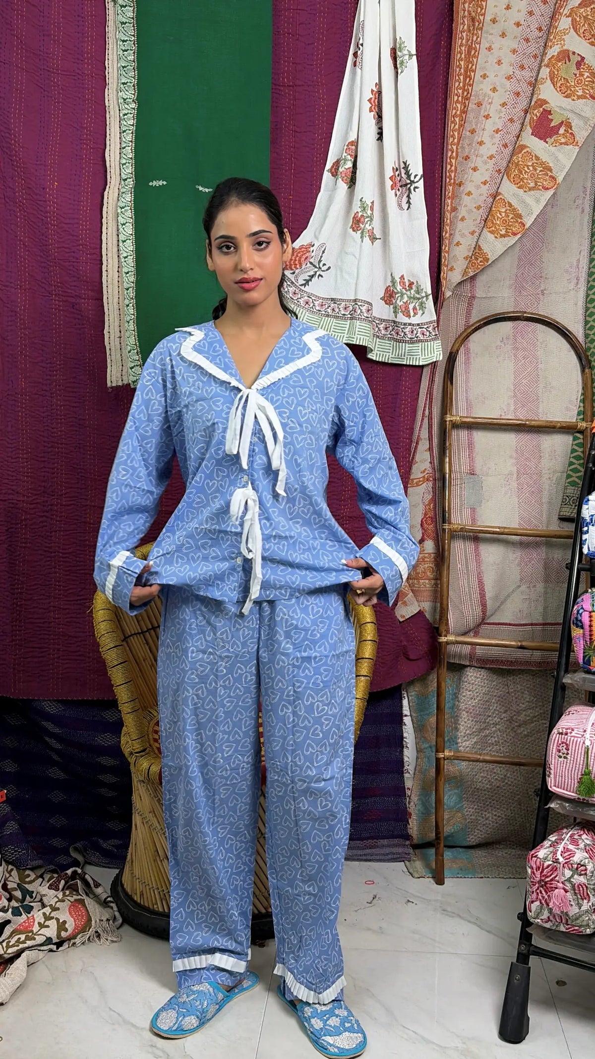 Women's block-printed Cotton Pajama Set in heart