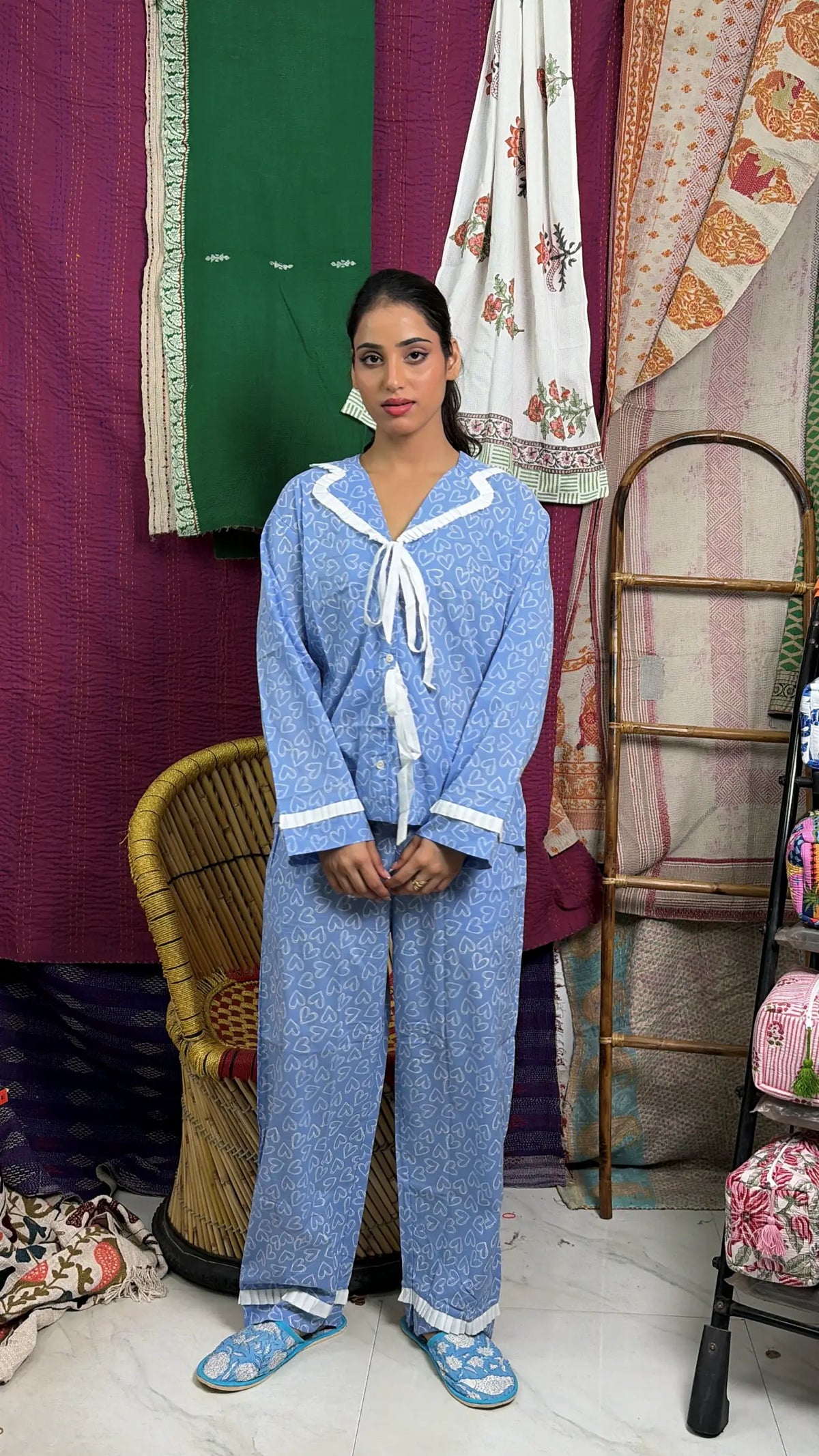 Women's block-printed Cotton Pajama Set in heart