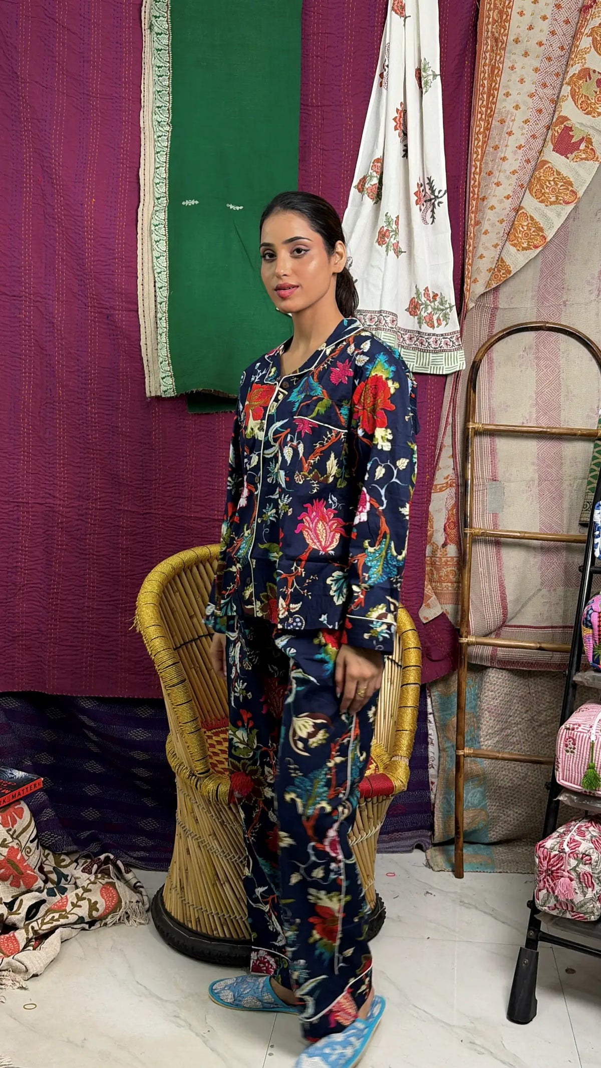 Cotton Women Pajama Set Comfortable Nightwear Summer PJ Set Mid Night Garden Print