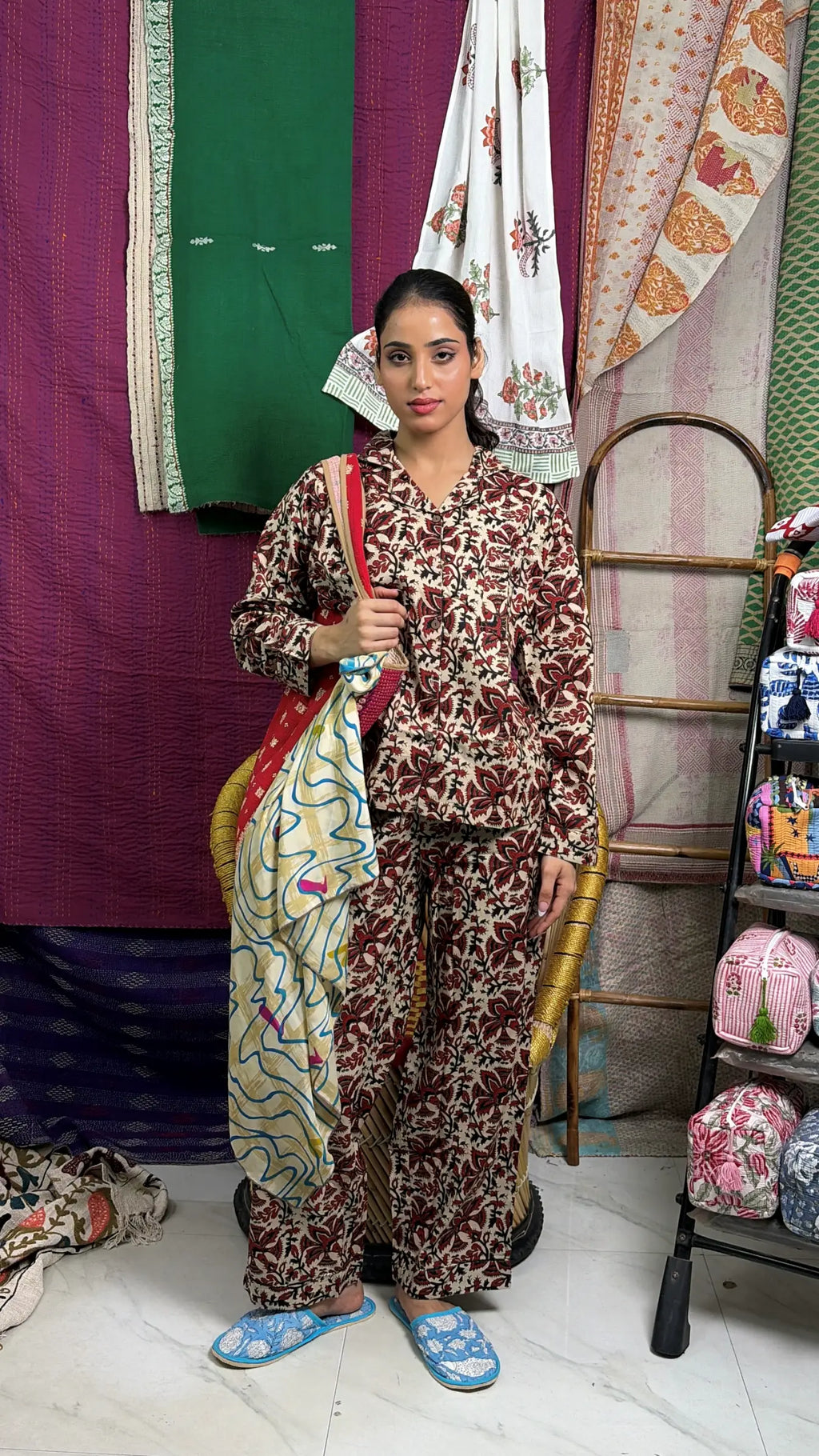 Women's Cotton Pajama Set in beige red floral