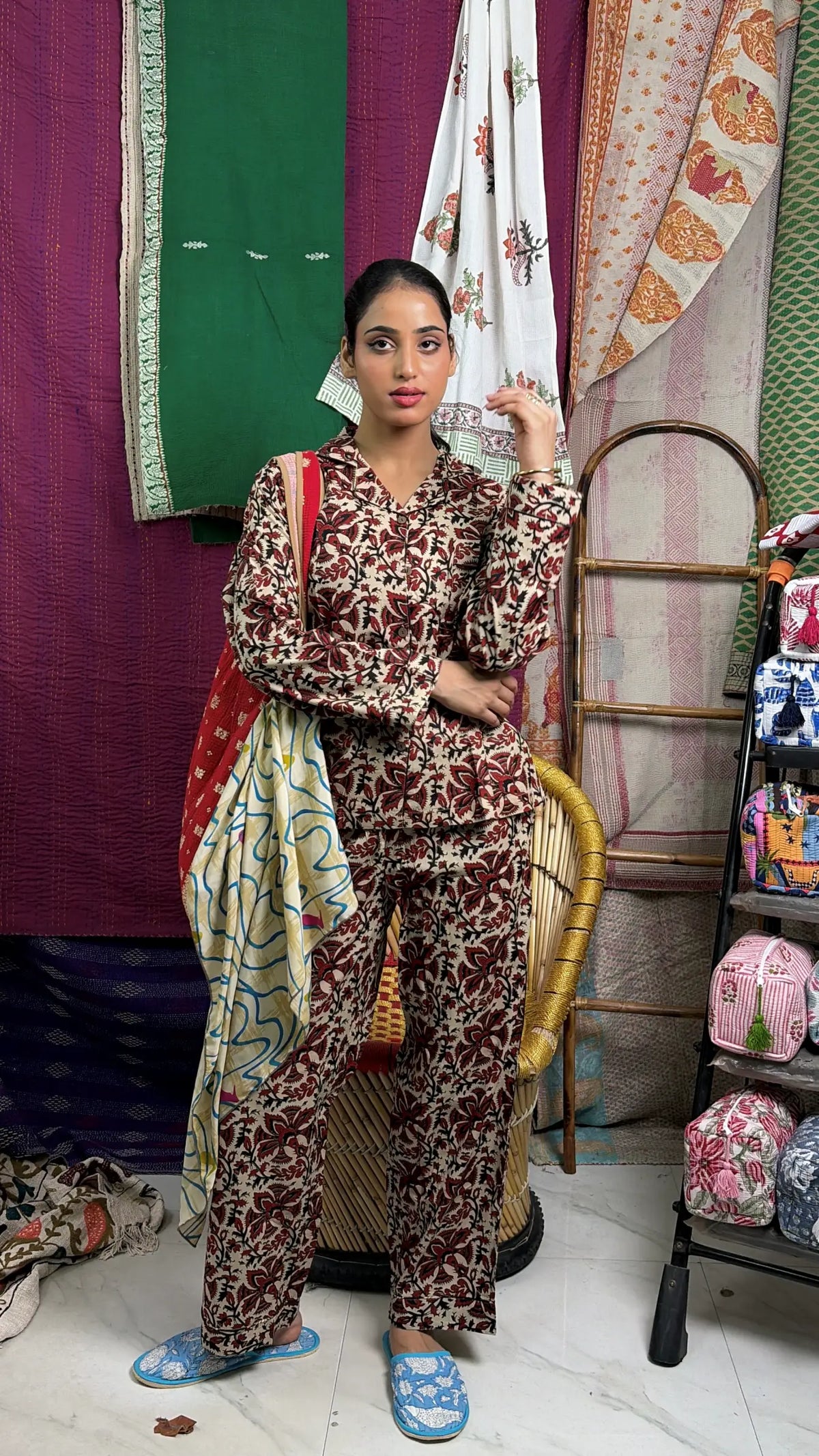 Women's Cotton Pajama Set in beige red floral