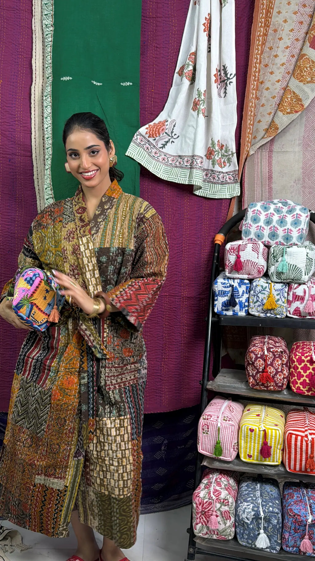Women's reversible Kantha-stitched Cotton Short Jacket in beige brown patchwork