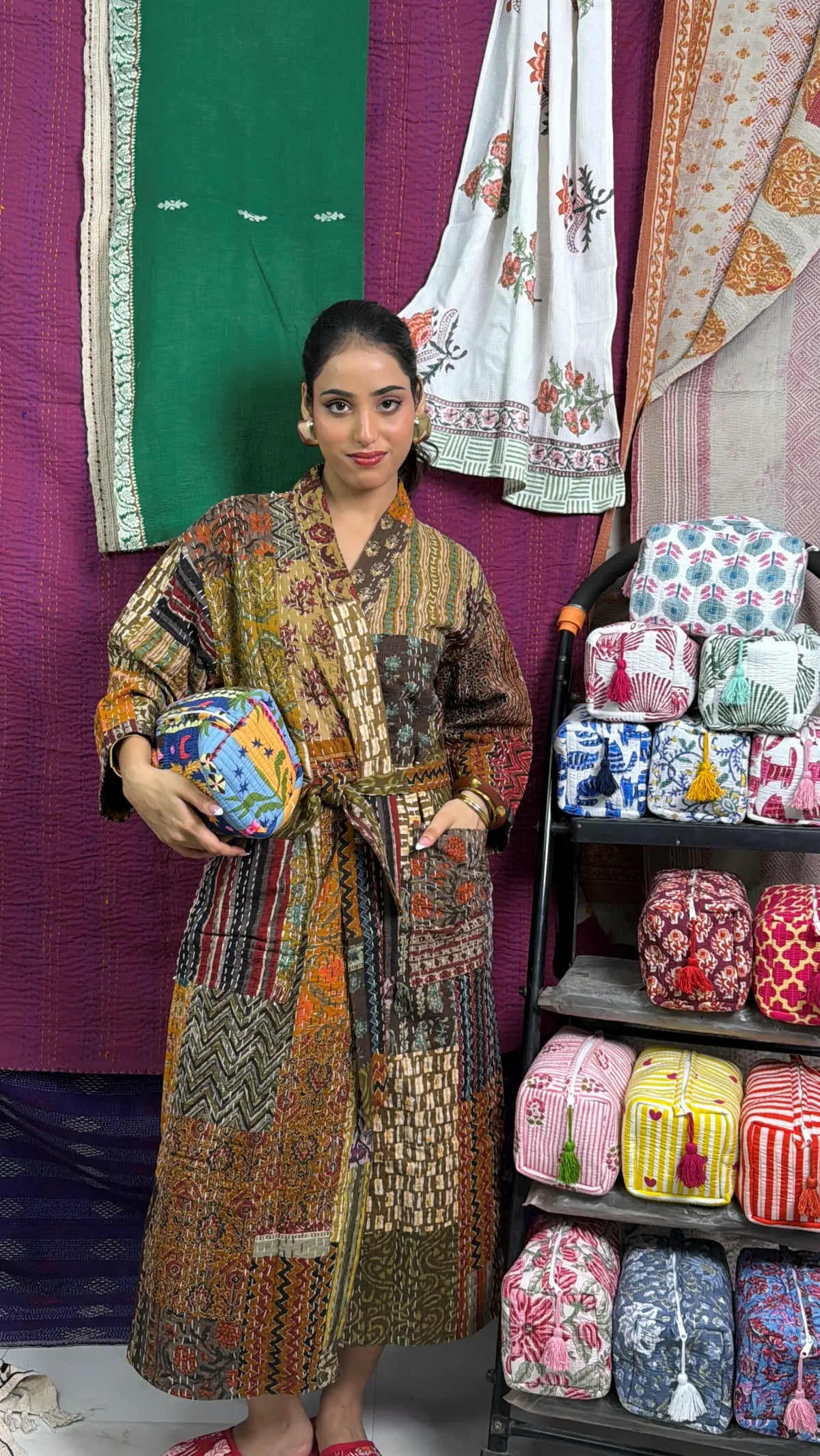 Kantha Pure Cotton Reversible Short Kimono Women Jacket Patchwork Beige Brown