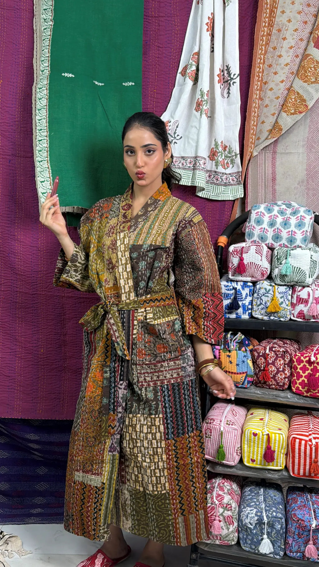 Women's reversible Kantha-stitched Cotton Short Jacket in beige brown patchwork