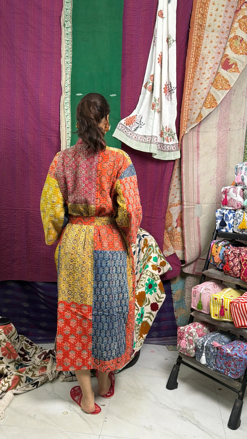 Unisex reversible Kantha-stitched Cotton Long Kimono Robe in red orange yellow