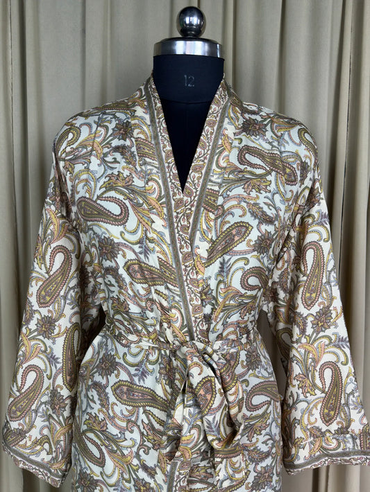 Recycle Silk Sari Women Kimono | Boho Chic Beach Cover Up Vintage Lounge Dressing Robe | Resort Wear Regal Gypsy House Robe | Beige Paisley