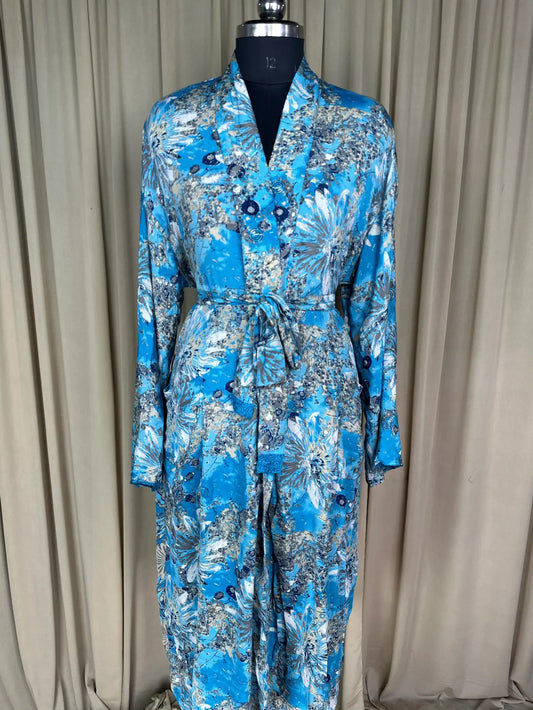 Silky Soft Men’s Kimono Robe | Masculine Elegant Classic Sustainable Vintage House Robe gift, Timeless Comfy Lounge Beach Wear | Blue Floral