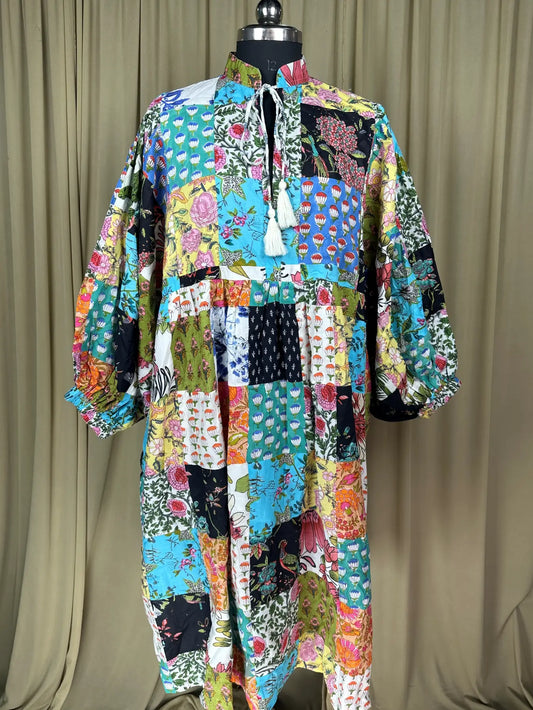 Multicolour Patchwork Cotton Dress: Hand-Stitched Block Print, Fits XXL