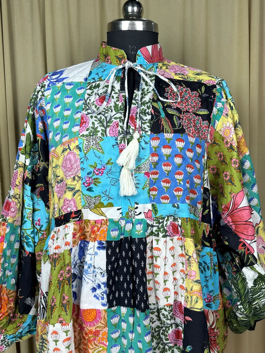 Multicolour Patchwork Cotton Dress: Hand-Stitched Block Print, Fits XXL