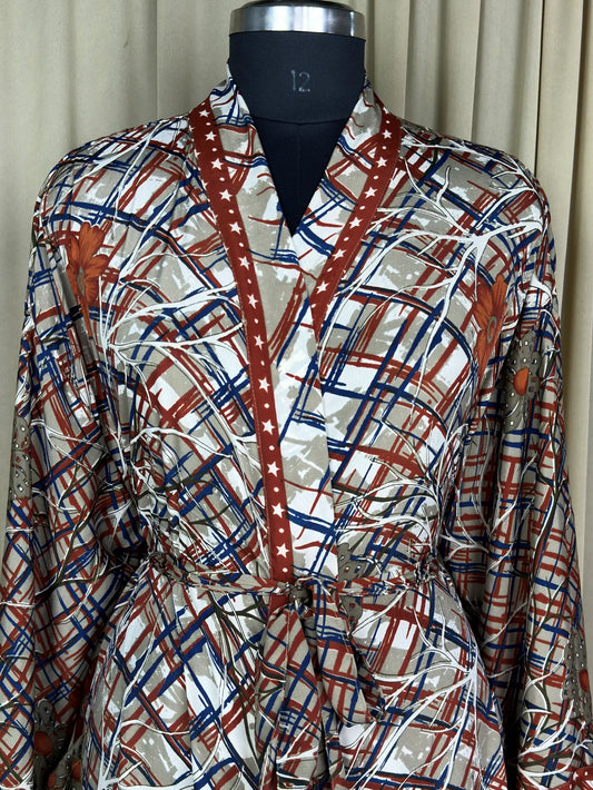 Recycle Silk Sari Women Kimono | Boho Chic Beach Cover Up Vintage Lounge Dressing Robe l Resort Wear Regal Gypsy House Robe, Beige Geometric