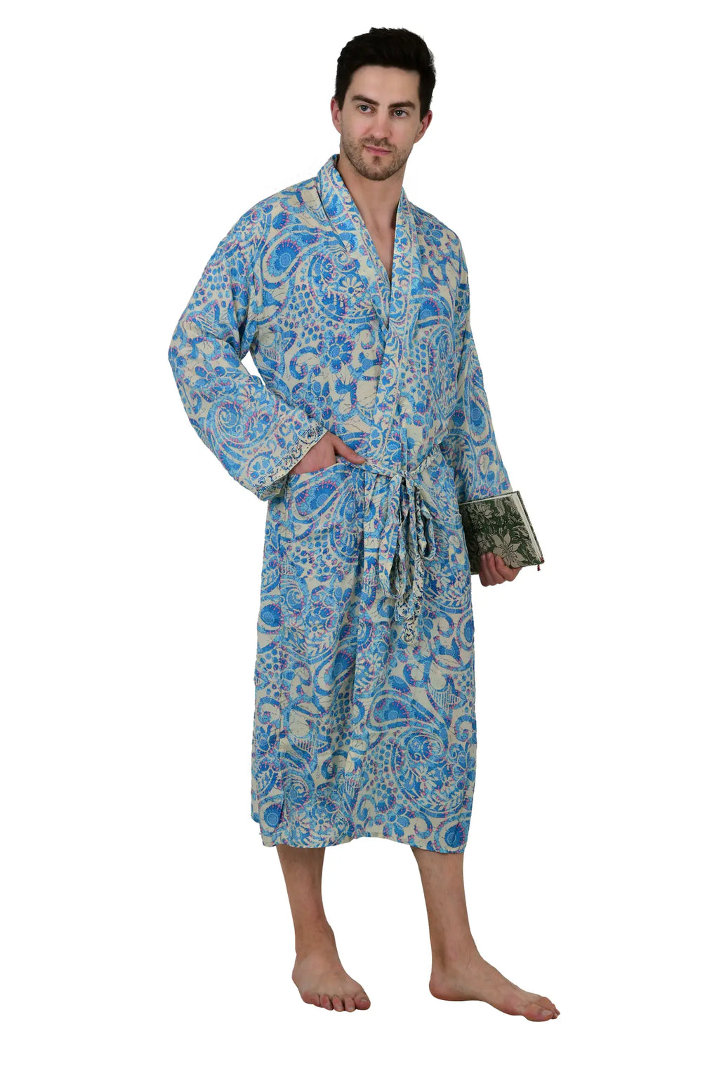 Men's Silk Kimono Robe in beige blue floral