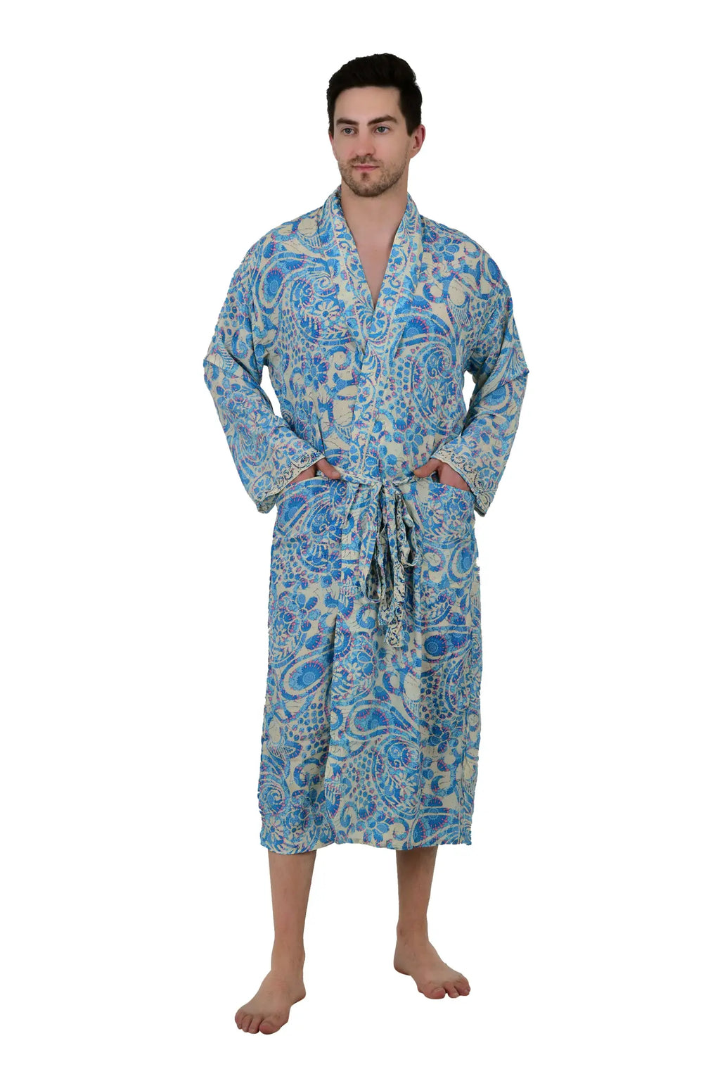 Men's Silk Kimono Robe in beige blue floral