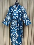Yak Wool Blend Women Kimono Robe, Cozy Winter Romance Loungewear, Blue Diamond Print Cardigan House Coat with Pockets, Quirky Christmas Gift