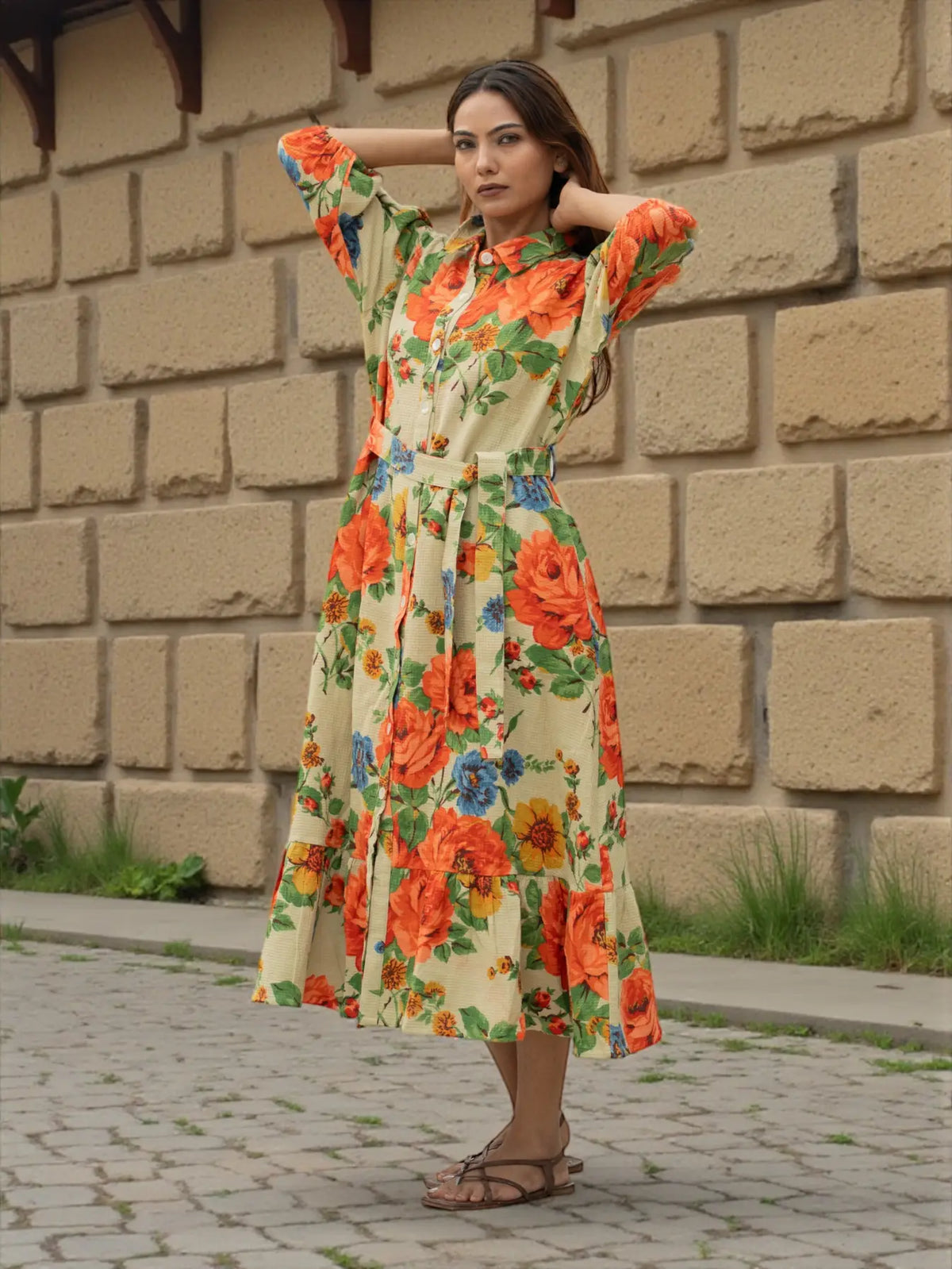 Women's block-printed Cotton Midi Dress in floral