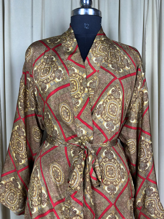 Recycle Silk Sari Women Kimono | Boho Chic Beach Cover Up Vintage Lounge Dressing Robe | Resort Wear Regal Gypsy House Robe, Brown Geometric