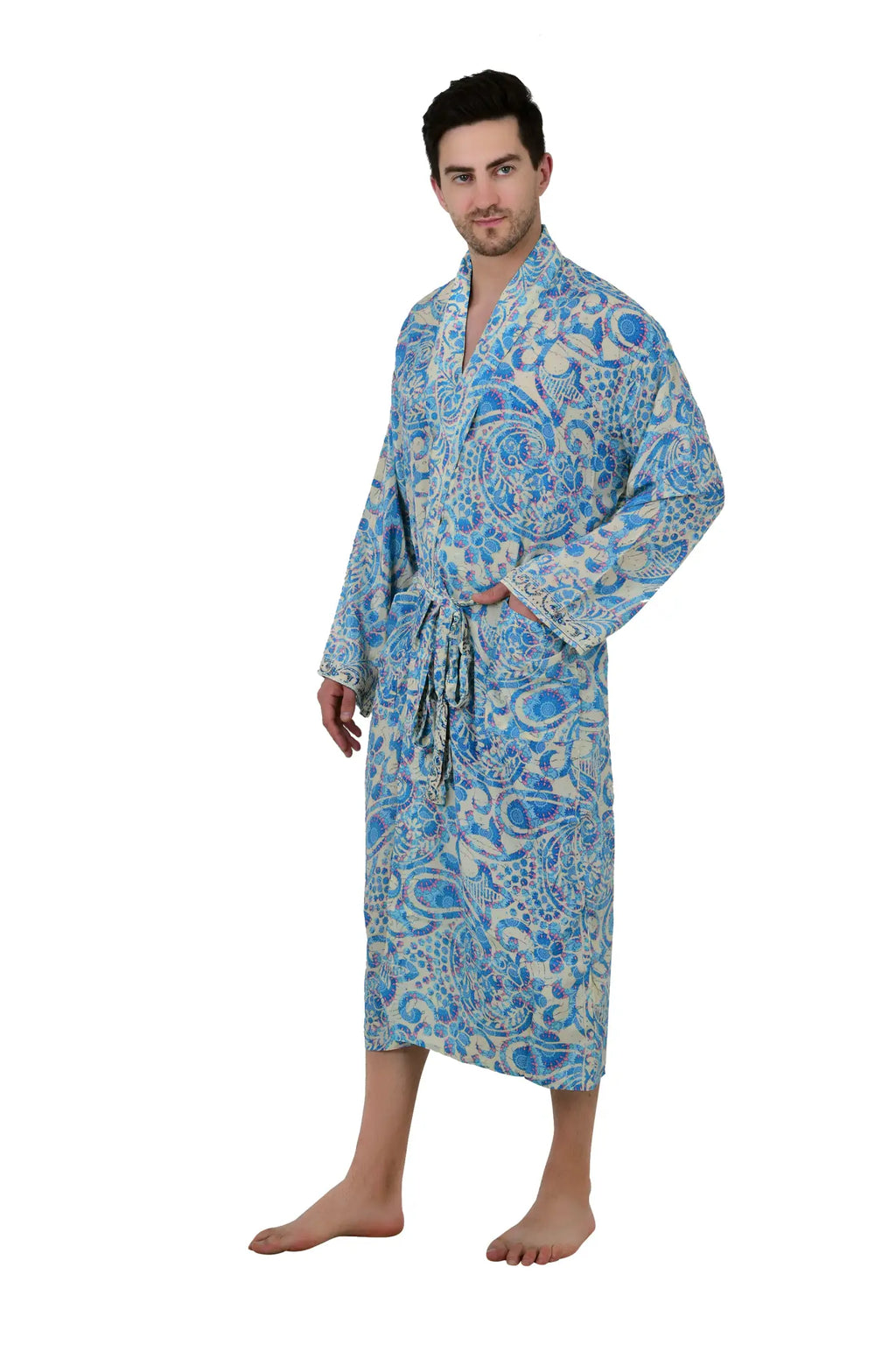 Men's Silk Kimono Robe in beige blue floral