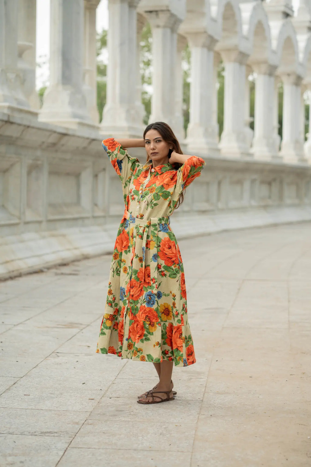 Women's block-printed Cotton Midi Dress in floral
